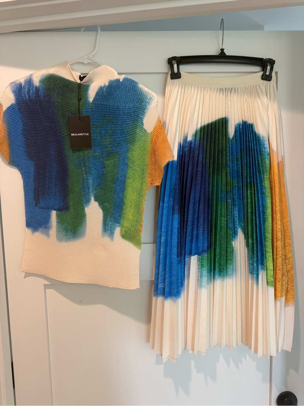 Beulah Style Pleated Floral Watercolor Skirt & Knit Top Set
